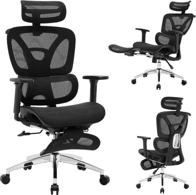 Triumpunpre Ergonomische Bureaustoel met Voetensteun - Mesh Kantoorstoel voor Volwassenen - Verstelbare Lendensteun & Hoofdsteun - Ademend Mesh - 72×72×183 cm - Zwart