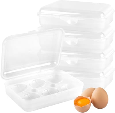 Dailygoods- Eieropbergdozen set van 5 - Transparante kunststof - Voor 6 eieren - 20 x 13,5 x 7 cm - Deksel - Robuust en praktisch - Eierhouder