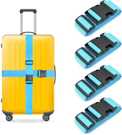 Famanu – Opvallende kofferriem set van 4 - verstelbare bagagebanden met kruissluiting en 2 naamkaartjes - maximale beveiliging en herkenbaarheid van koffers - blauw