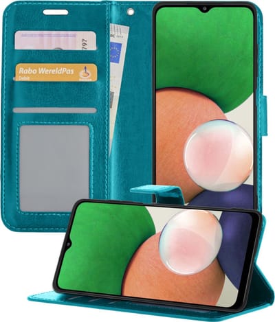 Hoesje - Met Pasjeshouder - Geschikt voor Samsung Galaxy M22 - Luxe Bookcase Portemonee - Flip Case - Kunstleer Book Case - Flipcase - Book Cover - Walletcase - Portemonneehoes - Telefoonhoesjes - Turquoise