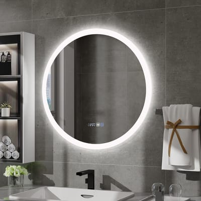 Puluomis 60cm Ronde Badkamerspiegel - met LED-verlichting - Frameloze Spiegel - Tijd- en temperatuurweergave - Ontwaseming