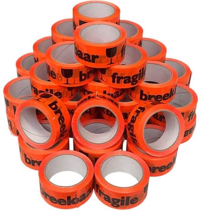 Kortpack - Waarschuwingstape 50mm breed x 66mtr lang - Fluor Oranje - Opdruk: Breekbaar/Fragile - 36 rollen - Waarschuwingsplakband - (020.0001)