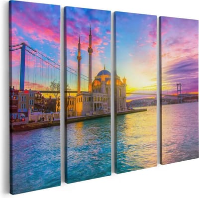 Artaza Canvas Schilderij Vierluik Kleurrijke Ortakoy Moskee In Instanbul - 80x60 cm - Wanddecoratie Woonkamer - Schilderijen - Muurdecoratie