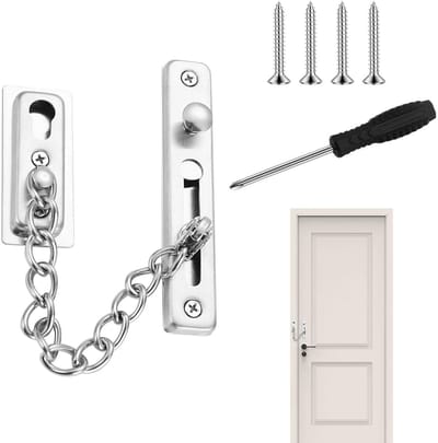 Dailygoods - Deurveiligheidsketting, kettingslot, roestvrij staal, deurbeveiligingsketting, deurgreep, diefstalbeveiliging, ketting met schroeven, zilveren deurveiligheidsketting voor binnendeuren, huis, hotel