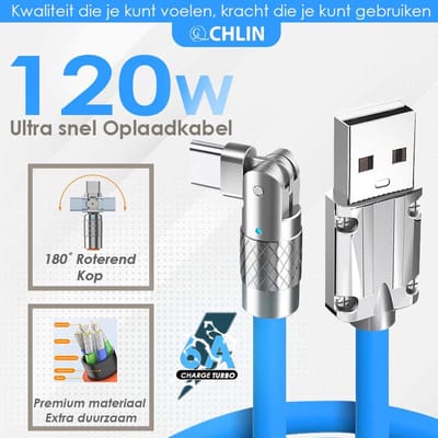 CL CHLIN® Premium Liquid Silicone: Usb-A naar Usb-C 120w Snel oplaadkabel Blauw / 1.5m met 180 graden roterend kop - Usb-c kabels - Usb kabel ipad - Usb kabel samsung - 6a oplaadkabel - Oplaad indicator - oplaadkabel voor macbook en laptops