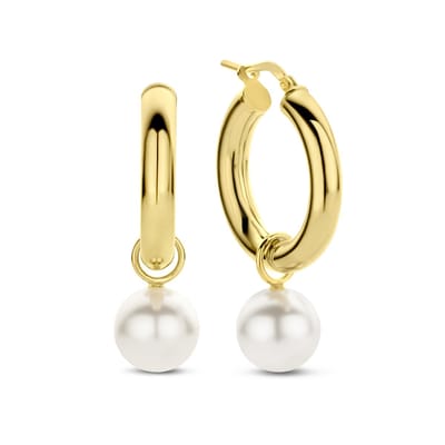 New Bling 9NB-0840 Zilveren Oorringen - Dames - Hanger - Parel - 10 mm Doorsnee - Oorringen - 24 x 4 mm - Zilver - Gold Plated (Verguld/Goud op Zilver)