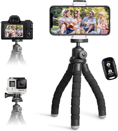 Famanu – Telefoonstatief met selfiestick en afstandsbediening, flexibel mini statief voor smartphones en compacte camera’s