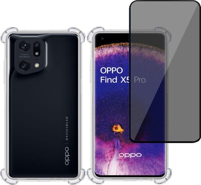 Hoesje + Privé Screenprotector geschikt voor OPPO Find X5 Pro – Privacy Tempered Glass - Case Transparant