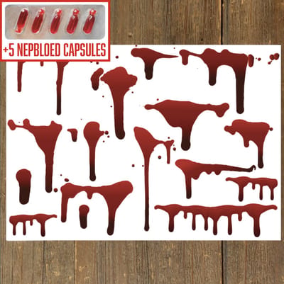GetGlitterBaby® - Tattoo + Nep Bloed Capsules / Halloween Horror Decoratie Versiering / Carnaval Schmink Make Up Plak Tattoos / Tijdelijke Tattoo / Nep Tatoeage + Vloeibaar Dik Rood Nepbloed / Nep Wond / Fake Kunst Blood - 5 Capsules