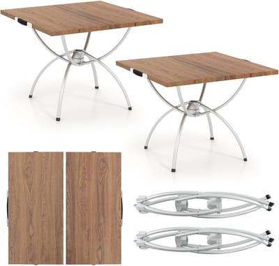COSTWAY Set van 2 inklapbare campingtafels, uittrekbare klaptafel met aluminium frame en houtlook, vouwtafel met draagtas, voor wandelen, picknick, camping