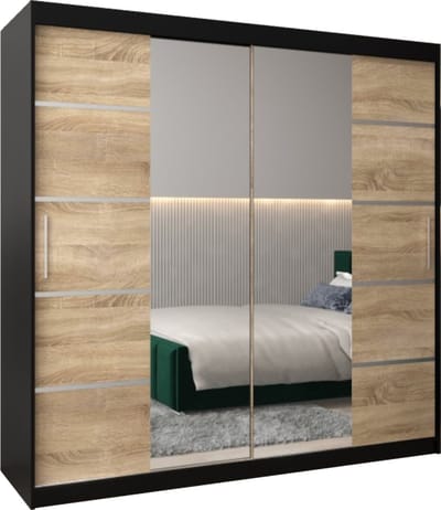 InspireMe - Kledingkast met 2 schuifdeuren, Modern-stijl, Kledingkast met planken (BxHxD): 200x200x62 - VENTILA IV 200 Zwart Mat + Sonoma Eik