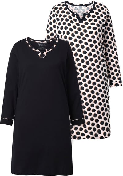 Ulla Popken - Dames - Bigshirts set van 2 effen/stippen ronde hals lange mouw - Zwart - Maat 42+