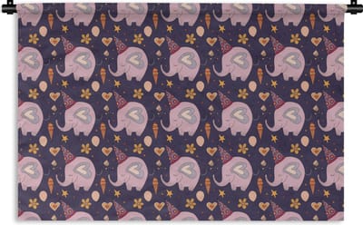 Wandkleed - Wanddoek - Verjaardag - Olifant - Bloemen - Patronen - 180x120 cm - Wandtapijt