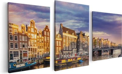 Artaza Canvas Schilderij Drieluik Amsterdamse Gracht In De Nacht Met Sterren - 120x60 - Foto Op Canvas - Canvas Print