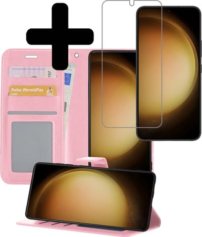 Hoesje - Met Screenprotector - Geschikt voor Samsung Galaxy S23 Plus - Luxe Pasjeshouder - Bookcase Portemonee - Flip Case - Kunstleer Book Case - Flipcase - Book Cover - Walletcase - Portemonneehoes - Telefoonhoesjes - Lichtroze