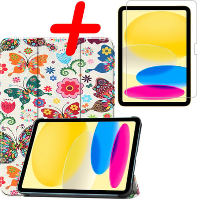 Hoesje Geschikt voor Apple iPad 10 (2022) - 10.9 inch - 10e Generatie - Met Screenprotector - Trifold Bookcase - Hard Cover - Hardcover Book Case - Tablet Hoes - Vlinders