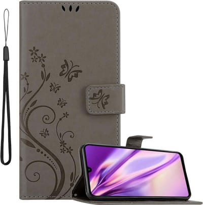 Cadorabo Hoesje geschikt voor Huawei P30 LITE in BLOEMEN GRIJS - Beschermhoes in bloemmotief met magnetische sluiting, standfunctie en kaartsleuven Book Case Cover Etui