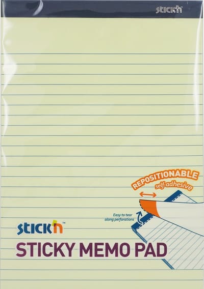 Stick'n - Sticky Notitieblok - Verplaatsbaar- Zelfklevend - 254 mm x 178mm - 50 vel - Pastel geel