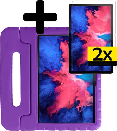 Hoes - Geschikt voor Lenovo Tab P11 - Met 2x Screenprotector - Kinderhoes Shockproof Bumper - Kidsproof Case - Tablet Hoesje - Kinder Cover - Paars