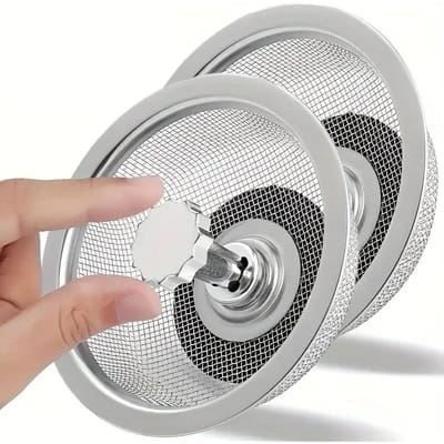 2 Jeux Crépine d'Évier de Cuisine avec Poignée et Bouchon Remplacement Panier d'Égouttement Filtre à Maille en Acier Inoxydable Trou d'Évacuation white