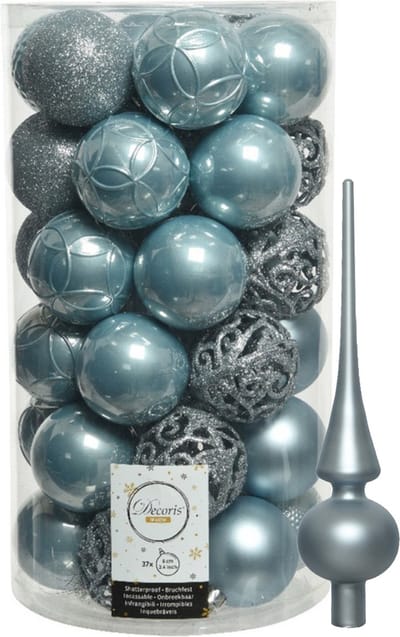 Kunststof kerstballen D6 cm - incl. glazen piek mat - lichtblauw