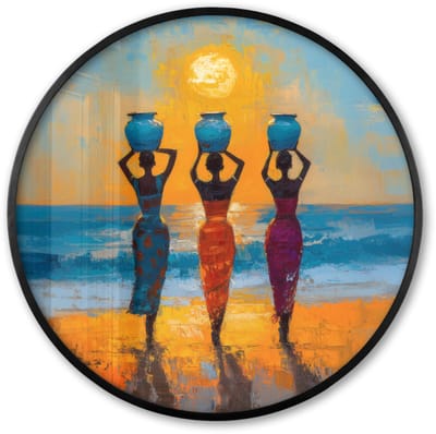 Poster in lijst Rond - Fotolijst 60x60 cm - Posters - Vrouwen - Strand - Zondsondergang - Ronde posterlijst zwart - Decoratie - Wanddecoratie woonkamer - Muurdecoratie slaapkamer