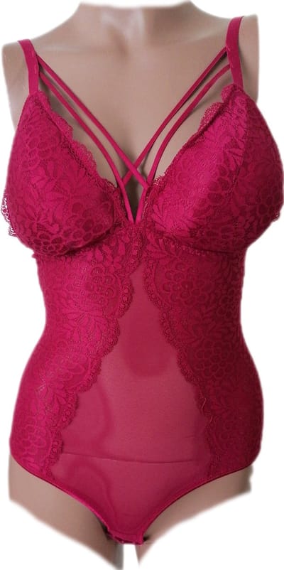 Dames - Bodystocking - Lingerie - Met Kant en doorzichtig Lijfje - Corrigerend - Kleur Wijnrood - Maat 34-36 - Cadeau - Kerst