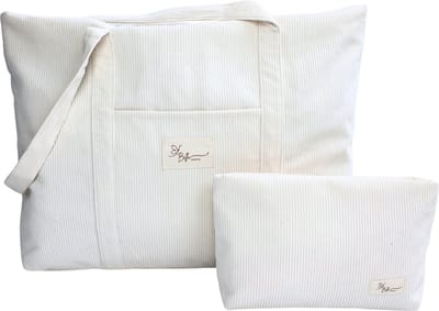 Bella Sofia® Dames Schoudertas - Crème Wit Ribstof Mom Bag met Toilettas - Veelzijdige Shopper en Luiertas met Rits