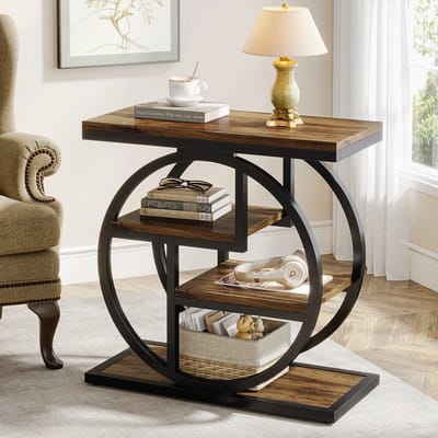 Mila Shop Bijzettafel - Salontafel - Smalle Bijzettafel - Met 3 opbergplanken - Houten Bijzettafel - Industriële Kleine Sofa Bijzettafel - 30 cm diep x 60 cm breed x 65 cm hoog - Hout/Zwart - Ijzer