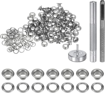 Set van 100 oog-gereedschappen 4 mm van koper met perforator en perforator, gereedschap voor oogjes voor kleding van leer, stof, zilverkleurig