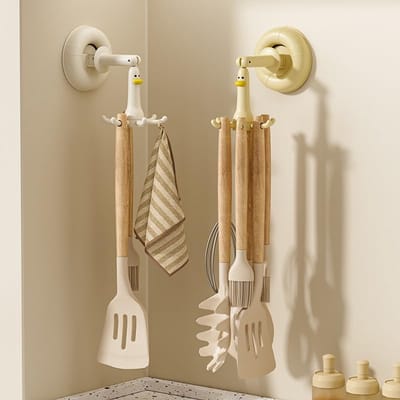 Haken - Draaiende Zuignap Haken - Keukenrek voor Spatels en Lepels - Geen Boren - 360° Draaibaar - 6 Haken - Voor Wand, Kast of Gootsteen - 2 stuks (Geel + Wit)