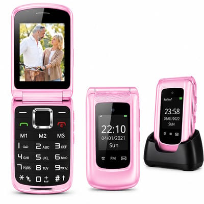 Yarvu ® - Flip 1 Roze - 4G Senioren GSM + Oplaadstation - Dual Sim - Dual Scherm - Big Button Mobiele Telefoon - Grote Toetsen & Cijfers - SOS Knop - Mobiel - Ouderen