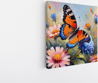 Saammp Canvas Schilderij -Vlinder bij roze bloem - Dieren - Abstract - 20x20 - Foto op canvas - Wanddecoratie - muurdecoratie Woonkamer - Slaapkamer decoratie - Canvas Print