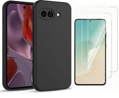 Casemania Hoesje en Glas Geschikt voor Google Pixel 10a - Zwart - Siliconen Back Cover + 2x Glazen Screenprotector