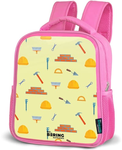 NoBoringSuitcases.com® - Rugzak roze - Schooltas meisjes - Bouwgereedschap patroon op lichtgele achtergrond - Kinder rugtas meisje - Boekentas kind - Kinderrugzak voor school - Schoolrugzak