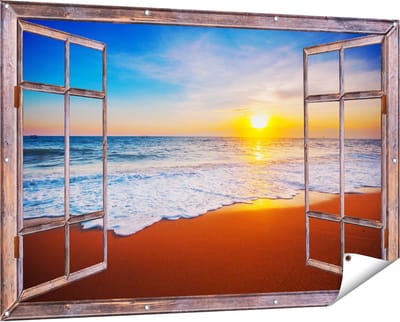 Gards Tuinposter Doorkijk Strand en Zee tijdens Zonsondergang - 150x100 cm - Tuindoek - Tuindecoratie - Wanddecoratie buiten - Tuinschilderij