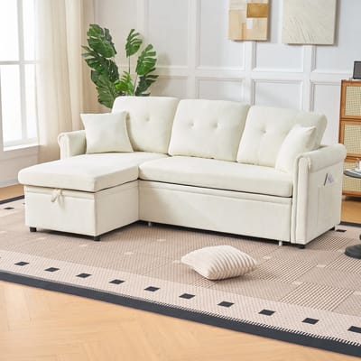 Hoekbank - Slaapbank met Opbergruimte - L-Vorm en Tweezijdig te Monteren - Chenille - Beige