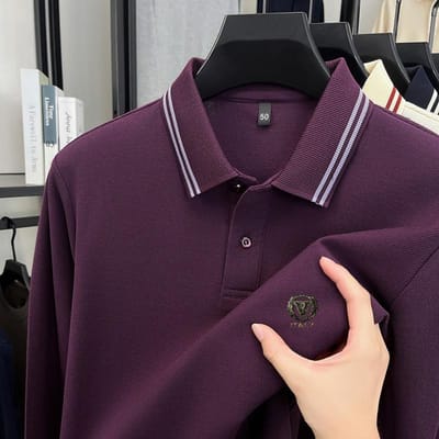 Polo Homme Coton Qualité Luxe Col Revers Manches Longues T-shirt Imprimé Automne Respirant Mode Tendance Affaires Vêtements pour Hommes 4XL violet