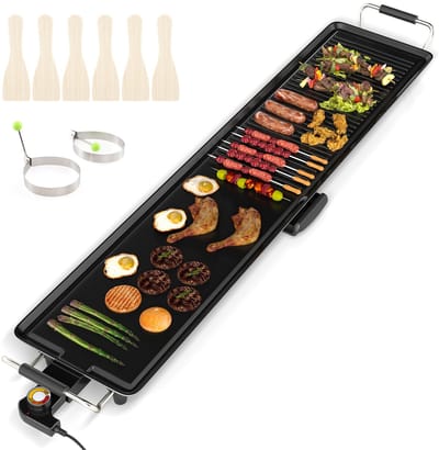 COSTWAY Teppanyaki Grill 1800 W, elektrische grillplaat, anti-aanbaklaag, tafelgrill met instelbare temperatuur, thermostaat en vetopvangschaal, elektrische grill voor binnen en buiten, 100 cm