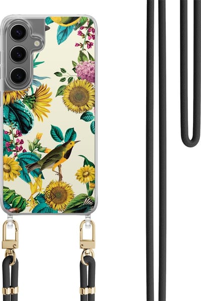 Casimoda® hoesje met koord - Geschikt voor Samsung S24 - Zonnebloemen / Bloemen - Afneembaar koord - TPU/polycarbonaat - Geel