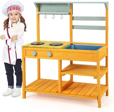 KOMFOTTEU Modderkeuken voor kinderen - buitenkeuken van hout - met afneembare spoelbak en 3 haken om op te hangen - buitenkeuken - buiten speelkeuken - met opbergruimte voor de tuin - voor jongens en meisjes vanaf 3 jaar