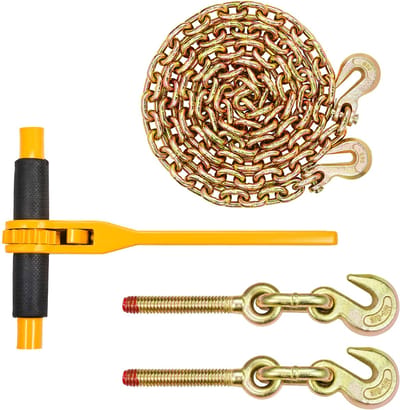 3/8“-1/2” Ratel-Ladingbinders & Kettingenset, 9200 Lbs Wll, 3/8" X 10' G80 Kettingen met Grijphaken, voor Het Slepen Van Vrachtwagens, Slepen, Vastbinden, 2 Sets