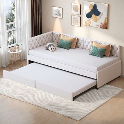 Gestoffeerd slaapbank 90 x 200 cm met uittrekbaar bed, eenpersoonsbed, slaapbank, slaapbankframe met lattenbodem, beige (zonder matras)