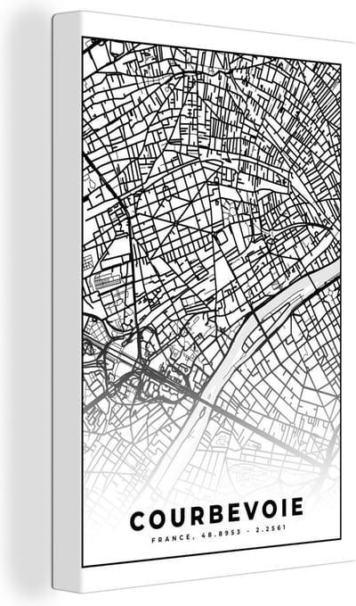 Canvas Schilderij Kaart - Stadskaart - Frankrijk - Courbevoie - Plattegrond - Zwart wit - 20x30 cm - Wanddecoratie