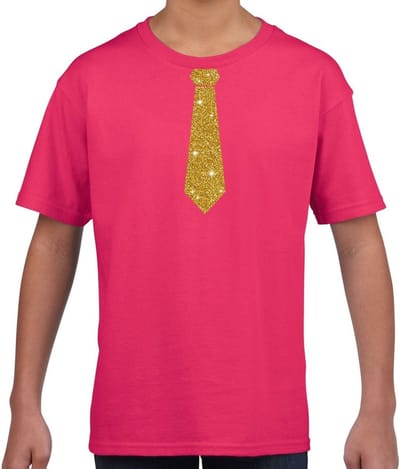 Verkleedkleding t-shirt - roze - met kleine Stropdas - goud glitters - voor kinderen - carnaval 110/116