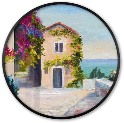 Poster in lijst Rond - Fotolijst 60x60 cm - Posters - Schilderij - Huis - Olieverf - Dorp - Ronde posterlijst zwart - Decoratie - Wanddecoratie woonkamer - Muurdecoratie slaapkamer