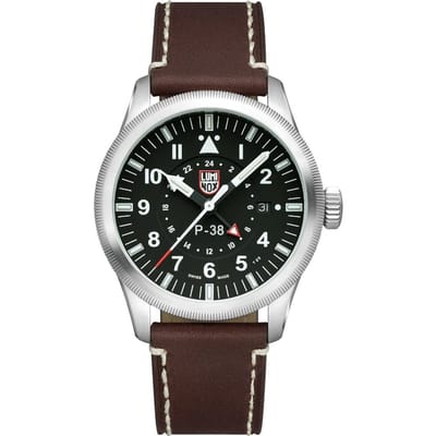 Montre pour homme Luminox Air Pilot P-38 Lightning GMT avec bracelet en cuir et cadran noir à quartz suisse XA.9521 100M noir