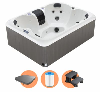 W’eau Como Luxe Spa - 4-Persoons Jacuzzi - 20 Massagejets - Plug & Play - Inclusief Trapje, Isolerende Cover & Filter - Grijs - 210 x 158 cm