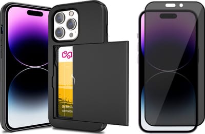 Hoesje met Pasjeshouder geschikt voor iPhone 14 Pro - Privacy Screen Protector FullGuard - Back Cover SlideCase Zwart & Screenprotector