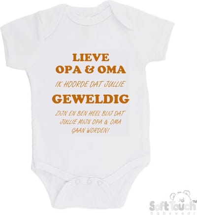100% katoenen Romper "Lieve opa & oma ik hoorde dat jullie geweldig zijn en ben heel blij dat jullie mijn opa & oma gaan worden!" Unisex Katoen Wit/tan Maat 56/62